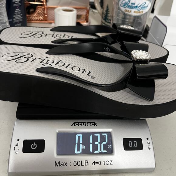 Brighton Bowie Wedge Flip Flops Womens Size 9 Black Bow with Bling Dressy Glam - Picture 14 of 14